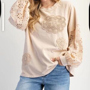 Easel Cream Crochet Detail Long Sleeve Top